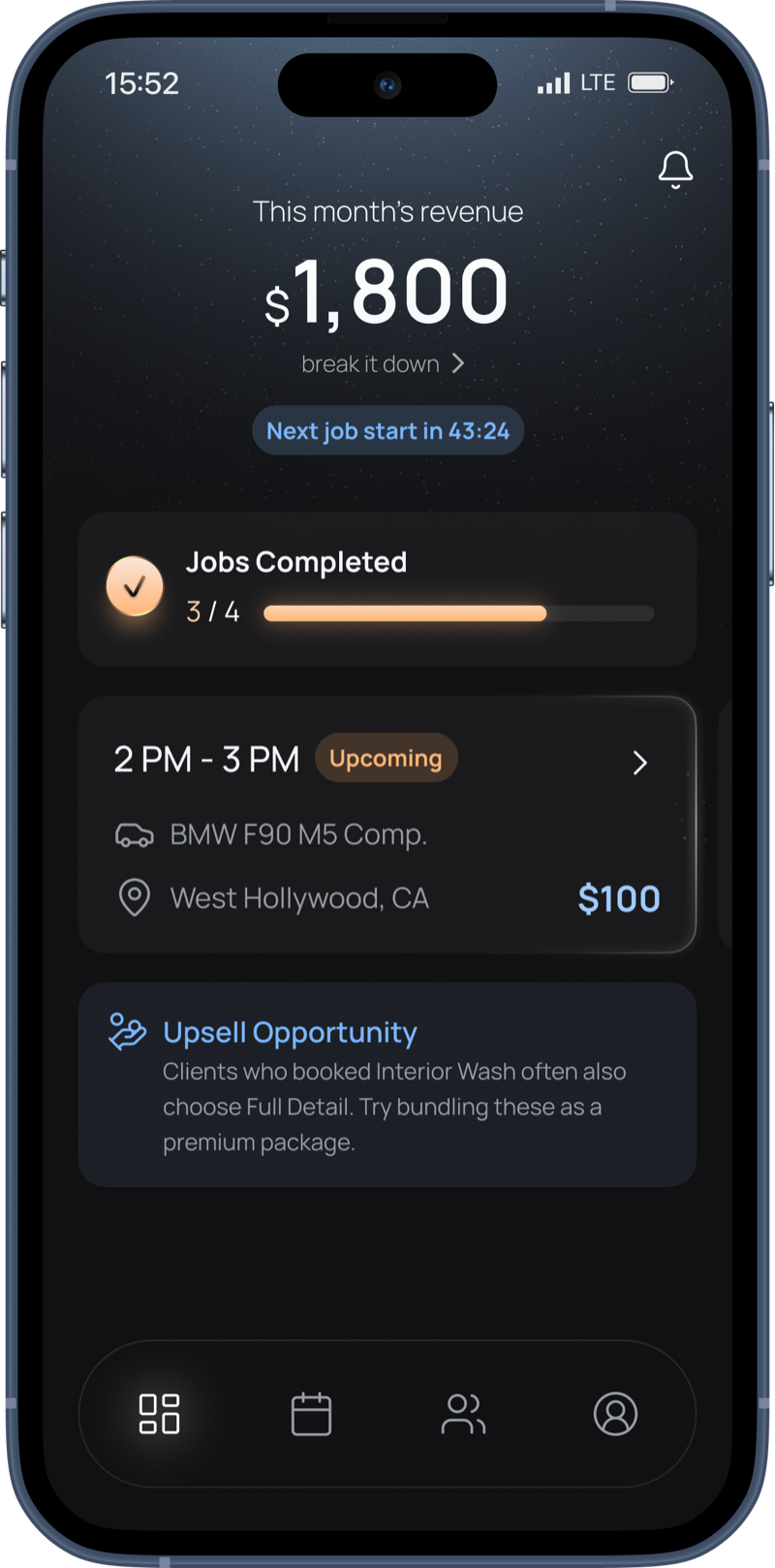 Detaild app dashboard showing bookings, client management, and earnings